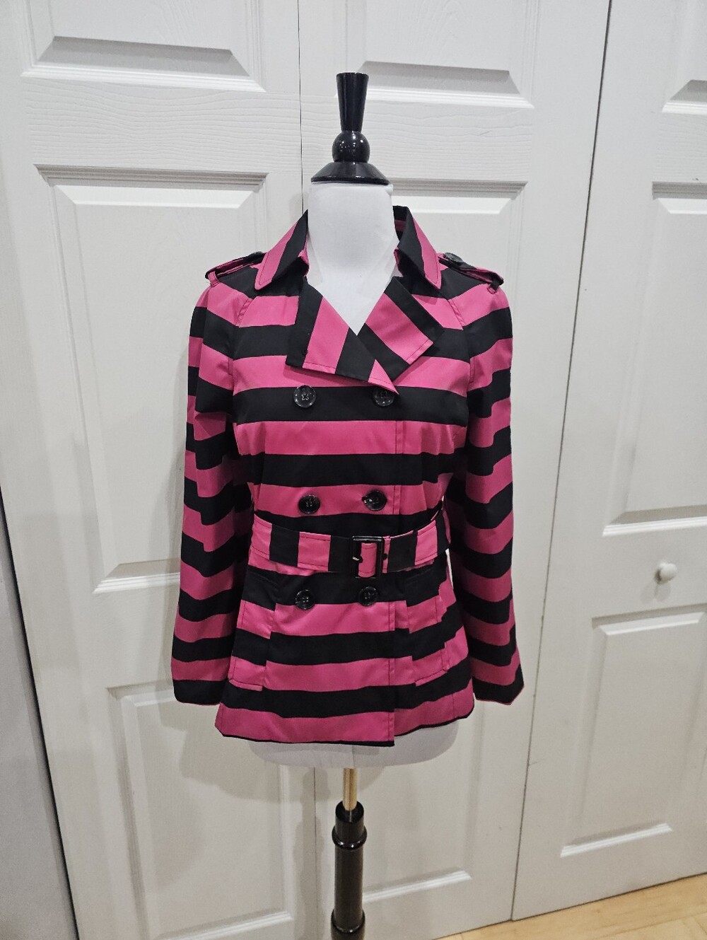 Cynthia Rowley Black Pink Striped Double Bressted Button Rain Jacket Coat Trench - Picture 10 of 16